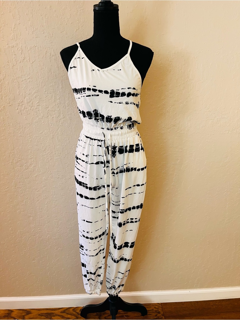 CBR White & Black Tie-Dye Spaghetti Strap Jumpsuit